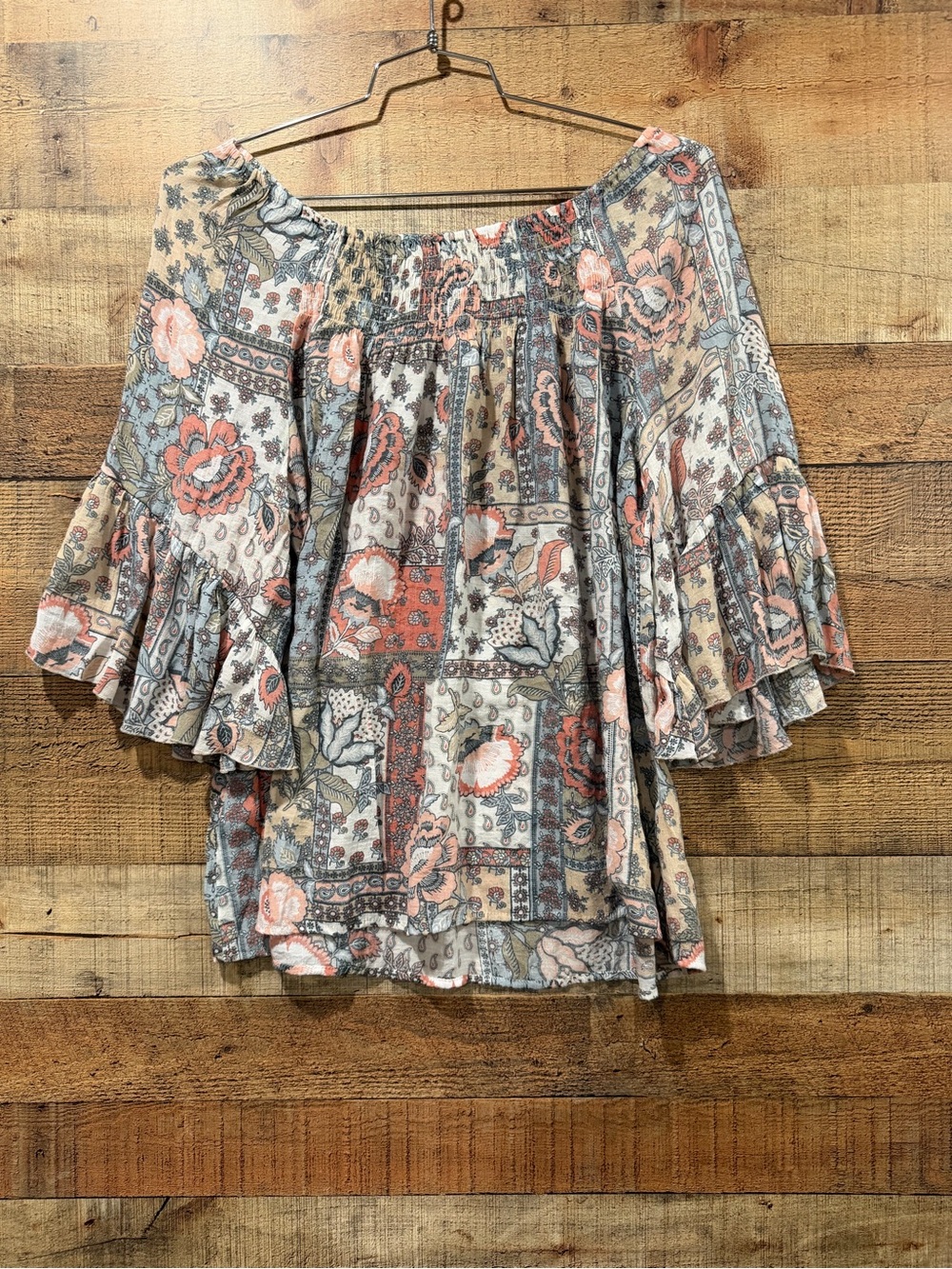 Spense Boho Floral Peasant Top in Soft Blue, Coral and Gray Size XL